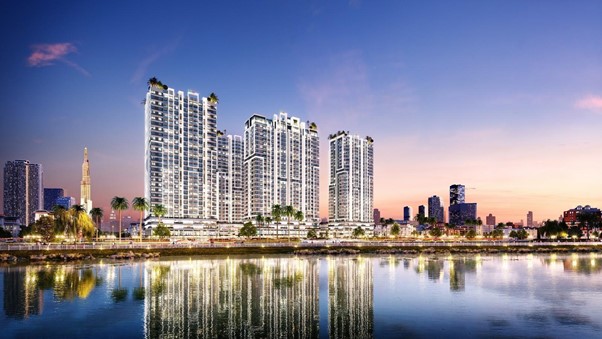 toà nhà cao tầng có sông hồ phía trước