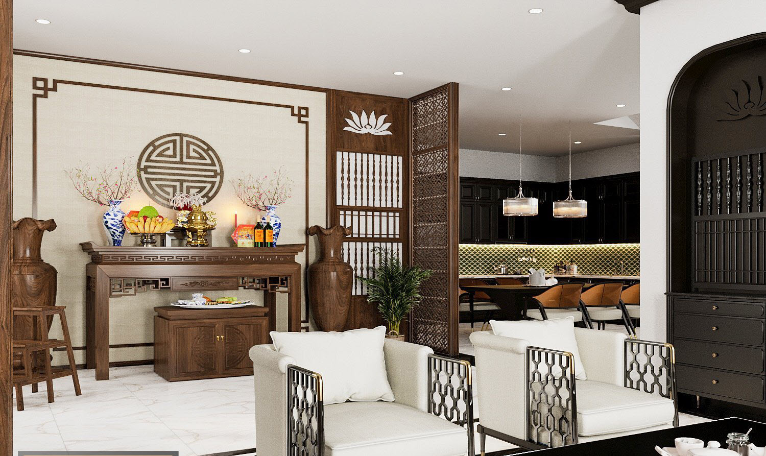 Ph&ograve;ng kh&aacute;ch v&agrave; kh&ocirc;ng gian thờ tự t&iacute;ch hợp trong c&ugrave;ng một mặt s&agrave;n kh&ocirc;ng tường ngăn.