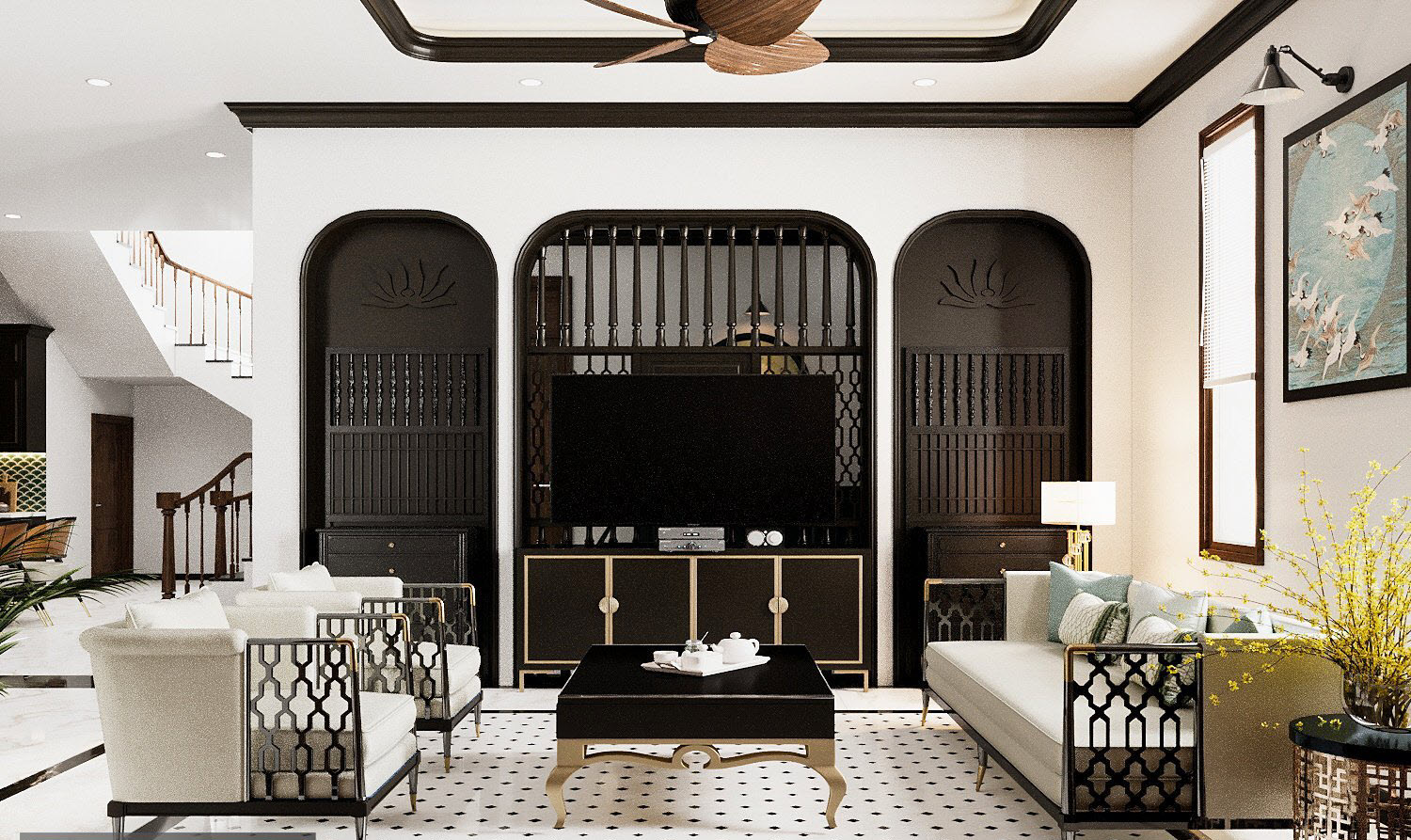 Lối b&agrave;i tr&iacute; đối xứng đặc trưng tạo sự c&acirc;n đối, h&agrave;i h&ograve;a cho to&agrave;n bộ ph&ograve;ng kh&aacute;ch. Với sắc đen chủ đạo nhưng hệ tủ kệ kh&ocirc;ng hề tạo cảm gi&aacute;c nặng nề nhờ thiết kế khối v&ograve;m mềm mại.