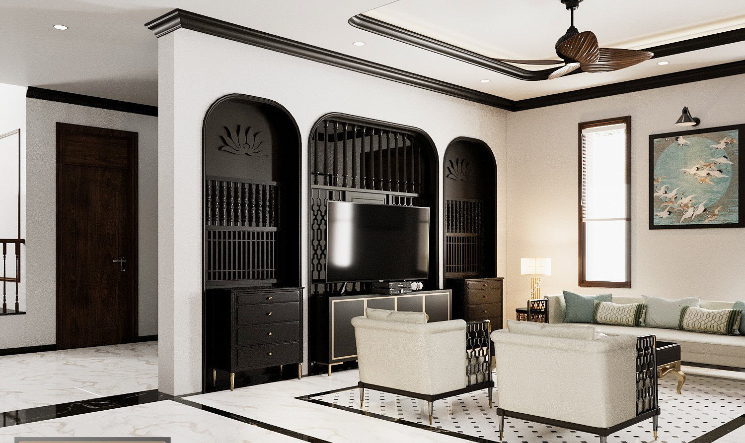 Kh&ocirc;ng gian ph&ograve;ng kh&aacute;ch nổi bật với hệ tủ kệ tivi - trang tr&iacute; t&ocirc;ng m&agrave;u đen tuyền sang trọng, tạo cảm gi&aacute;c huyền b&iacute;, hấp dẫn thị gi&aacute;c.