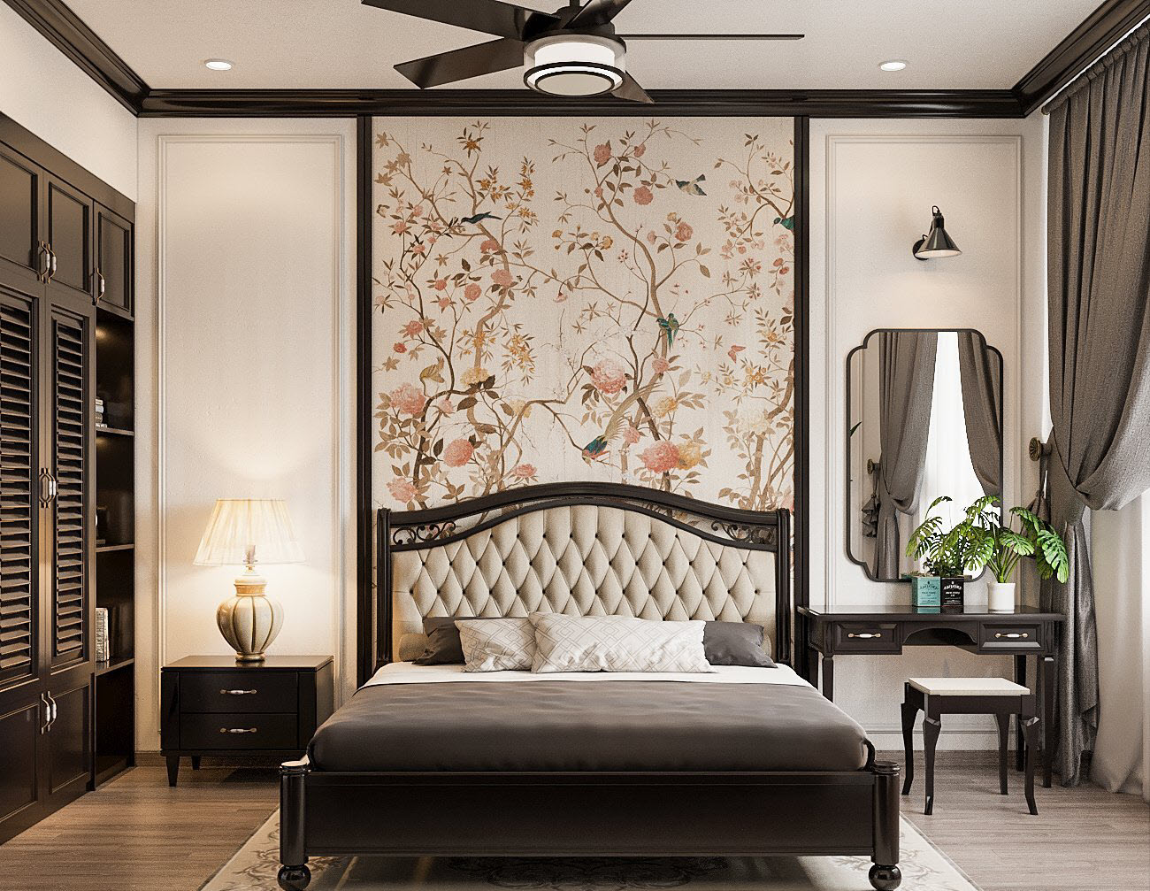 Nh&igrave;n từ g&oacute;c độ n&agrave;y ph&ograve;ng ngủ đẹp tựa tranh vẽ với lối b&agrave;i tr&iacute; đối xứng h&agrave;i h&ograve;a, đảm bảo cả về c&ocirc;ng năng sử dụng lẫn yếu tố phong thủy.