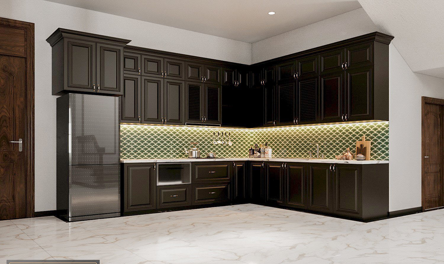 h&igrave;nh ảnh ph&ograve;ng bếp với hệ tủ m&agrave;u đen, đ&aacute; ốp tường vảy cả m&agrave;u xanh ngọc s&agrave;n l&aacute;t gạch đ&aacute; cẩm thạch m&agrave;u trắng