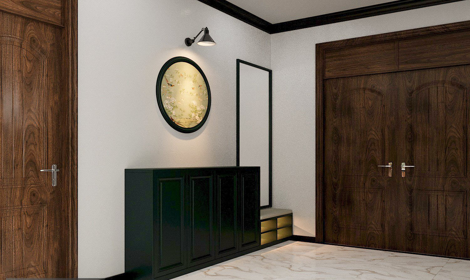 Phong c&aacute;ch nội thất Indochine thể hiện r&otilde; ở ngay lối v&agrave;o với tranh treo tường họa tiết nhẹ nh&agrave;ng, đậm chất Đ&ocirc;ng Dương truyền thống.