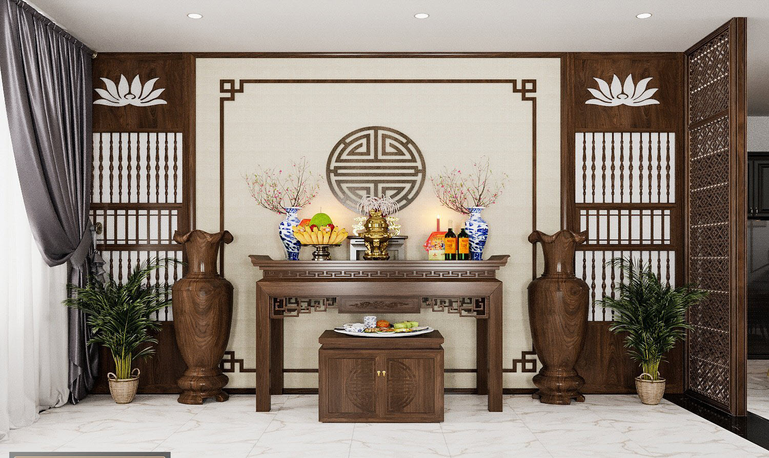 Ph&ograve;ng thờ b&agrave;i tr&iacute; đơn giản, tho&aacute;ng đẹp với nội thất gỗ tự nhi&ecirc;n chạm khắc tinh xảo. Lam gỗ tinh tế tạo sự ph&acirc;n t&aacute;ch tương đối với kh&ocirc;ng gian bếp - ăn ph&iacute;a trong.