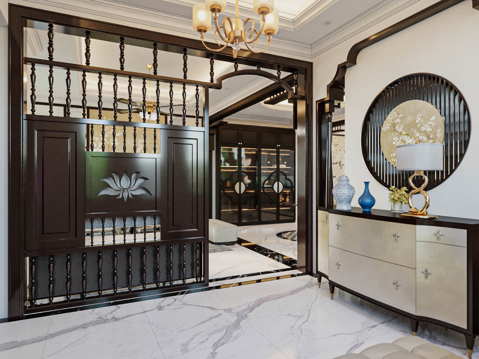 Cửa và lam gỗ cách điệu với chất liệu gỗ đen bóng, chạm khắc hoa văn, họa tiết mang đậm phong cách Đông Dương truyền thống.