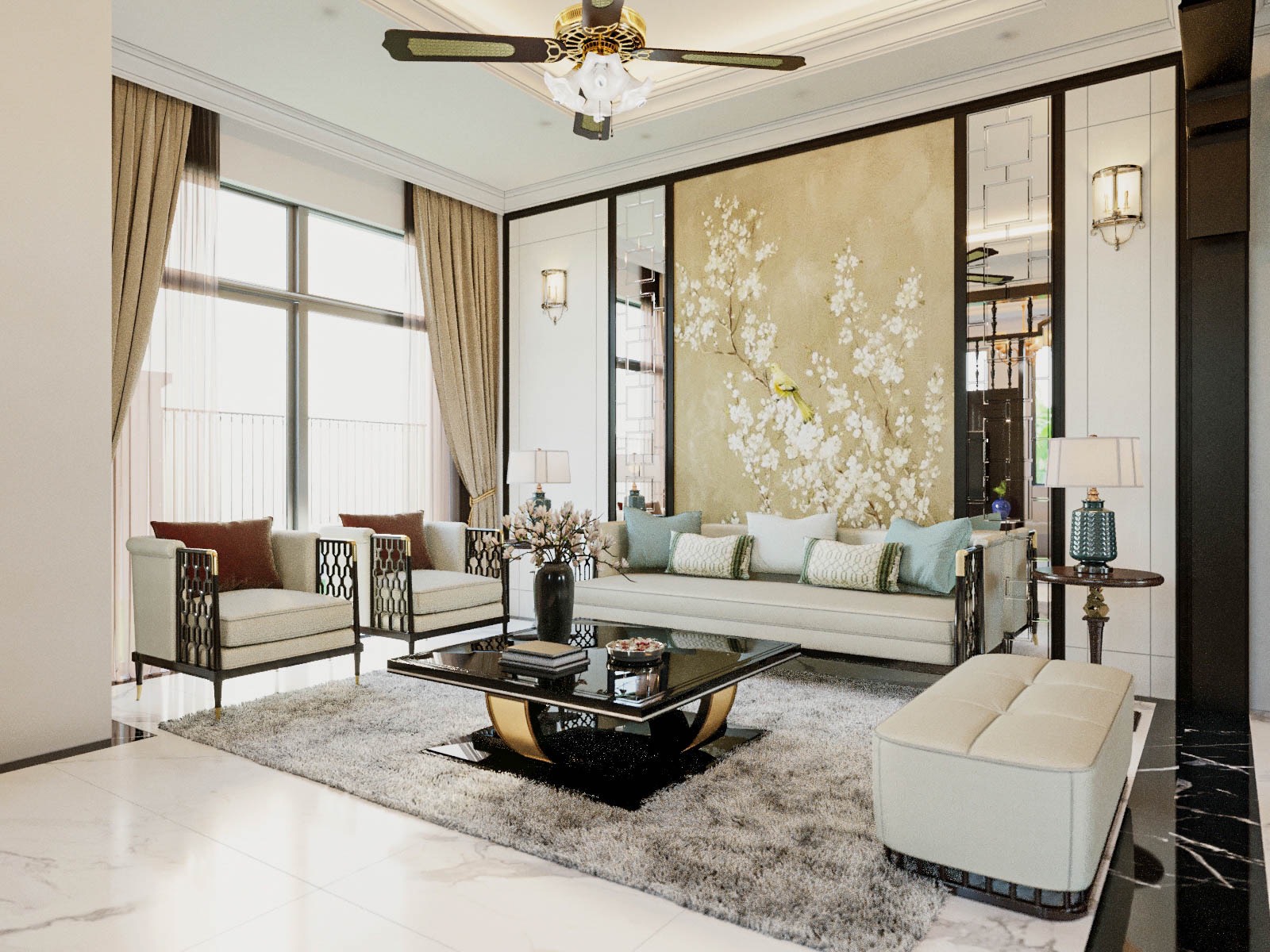 Điểm nhấn cực hút mắt của không gian tiếp khách là bức tranh phong cách Đông Dương với họa tiết mùa xuân sáng bừng sức sống.
