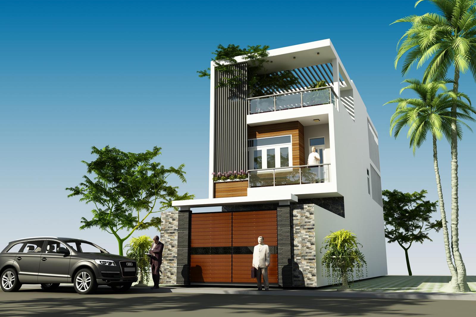 Phối cảnh 3D mẫu nhà ống 2,5 tầng phong cách hiện đại