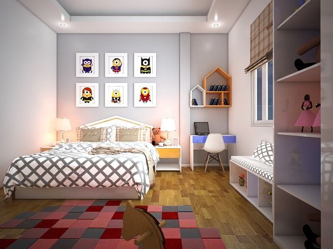Phòng ngủ con gái được bài trí gọn đẹp với hệ tủ kệ thông minh kết hợp ghế ngồi đọc sách, thư giãn bên khung cửa sổ kính thoáng sáng.