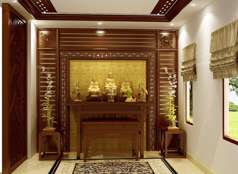 Phòng thờ bài trí theo lối đối xứng trang nghiêm, thoáng đãng.