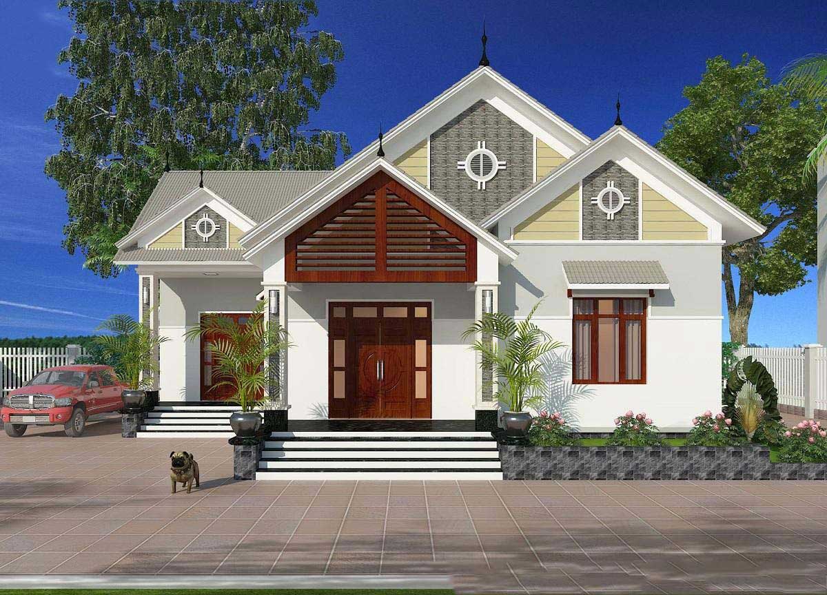 phối cảnh nhà cấp 4 với mái ngói màu xám, sân gạch rộng rãi
