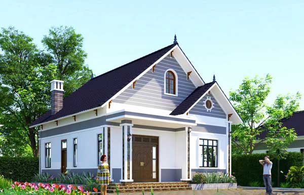 phối cảnh mẫu nhà cấp 4 với mái ngói xanh than, tường sơn trắng, cột trụ vững chãi