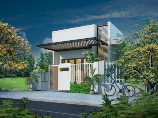 Mẫu nhà cấp 4 mái bằng 3 phòng ngủ được bao quanh bởi sân vườn xanh mát.