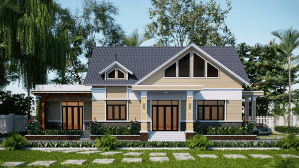 Mẫu nhà vườn cấp 4 truyền thống trên đất rộng 150m2 với mái Thái, bậc tam cấp, hệ cột trụ và không gian chia theo từng khối kiến trúc.