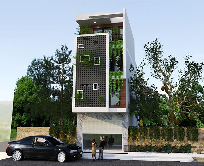 Phối cảnh 3D mẫu nhà ống 3 tầng 1 tum phong cách hiện đại
