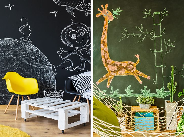 Bức tường bảng đen luôn đứng đầu danh sách ý tưởng trang trí phòng trẻ em.
