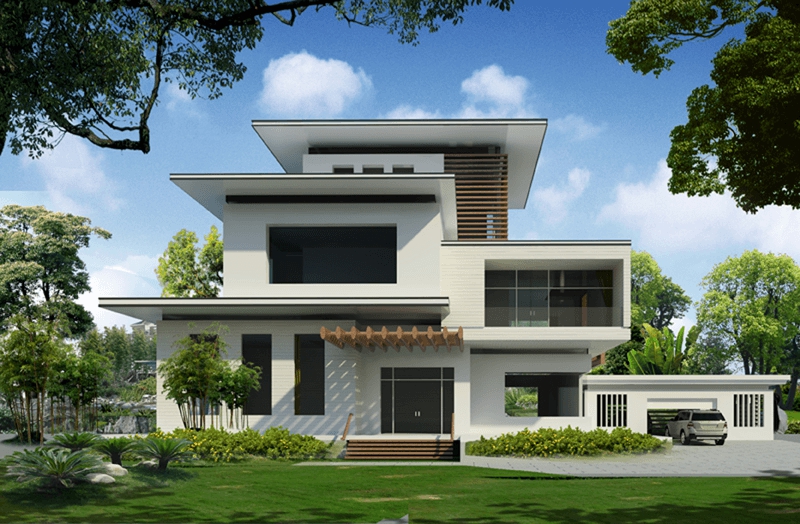 Chỉ với sắc trắng chủ đạo nhưng biệt thự vườn hiện đại gây ấn tượng ngay từ cái nhìn đầu tiên bởi những hình khối kiến trúc chắc khỏe, đường nét hình học sắc sảo.