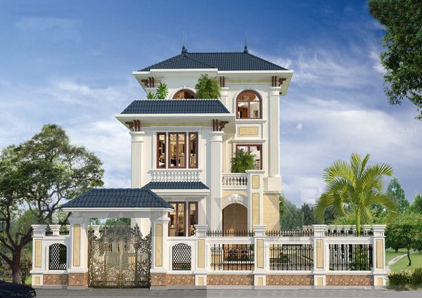 Biệt thự 3 tầng phong cách kiến trúc Pháp với hệ cửa sổ được bố trí khéo léo để đón sáng tự nhiên tối đa và giúp thông gió tốt, giúp không gian bên trong nhà luôn thoáng đãng.