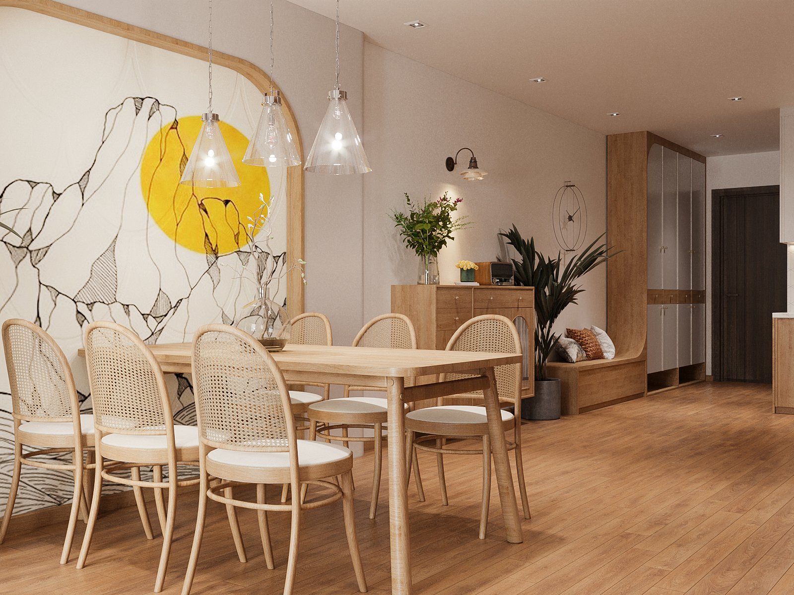 Ph&ograve;ng ăn decor ấn tượng với tranh tường nghệ thuật trừ tượng, đ&egrave;n thả kiểu d&aacute;ng độc đ&aacute;o.