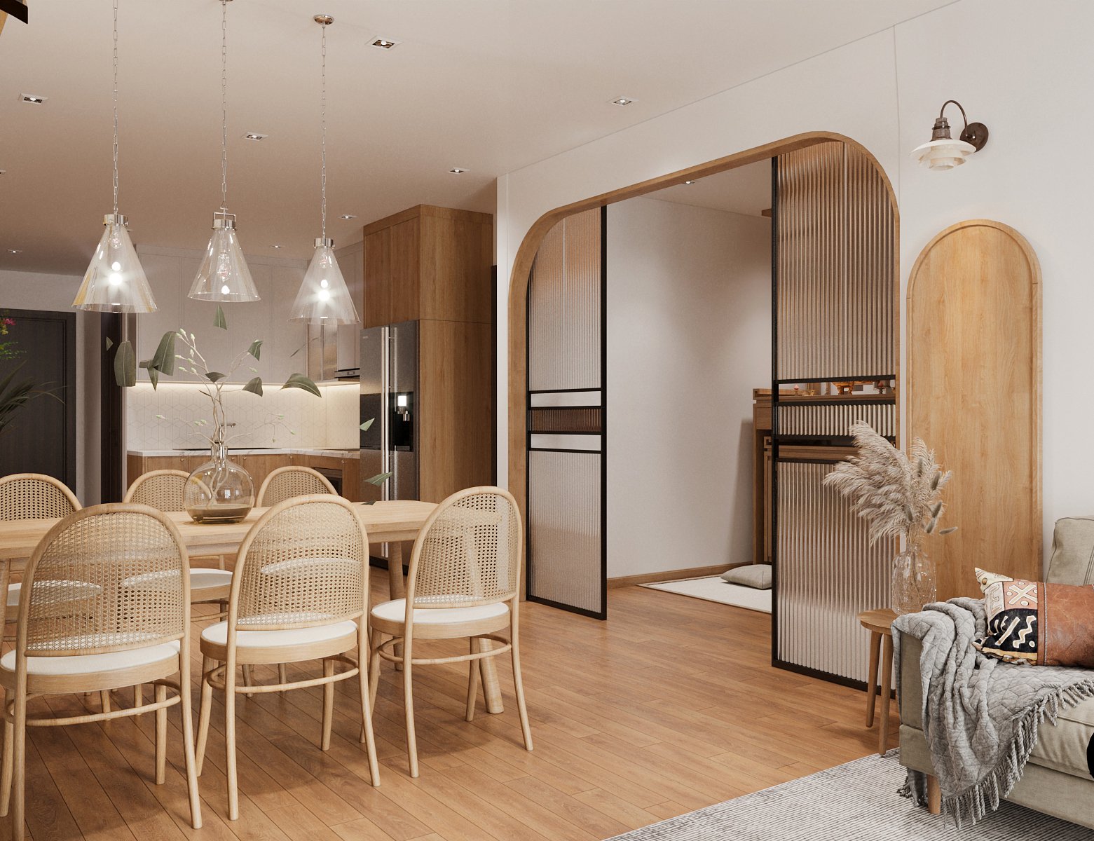 Gian bếp chữ L gọn xinh, tiện nghi được thiết kế ở vị tr&iacute; k&iacute;n đ&aacute;o trong căn hộ 83m2.