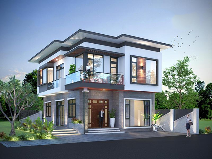 Mẫu biệt thự 2 tầng m&aacute;i bằng hiện đại với s&acirc;n vườn tho&aacute;ng đ&atilde;ng, xanh m&aacute;t.
