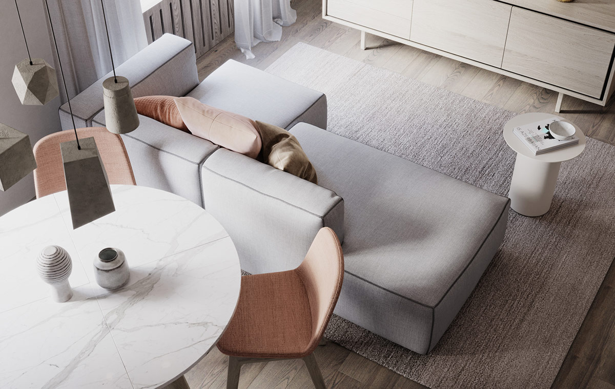 Một b&agrave;n ăn tr&ograve;n đặt ở mặt sau của ghế sofa, tạo ra kh&ocirc;ng gian ăn uống trang trọng, bất chấp diện t&iacute;ch hạn chế của căn hộ nhỏ hiện đại.