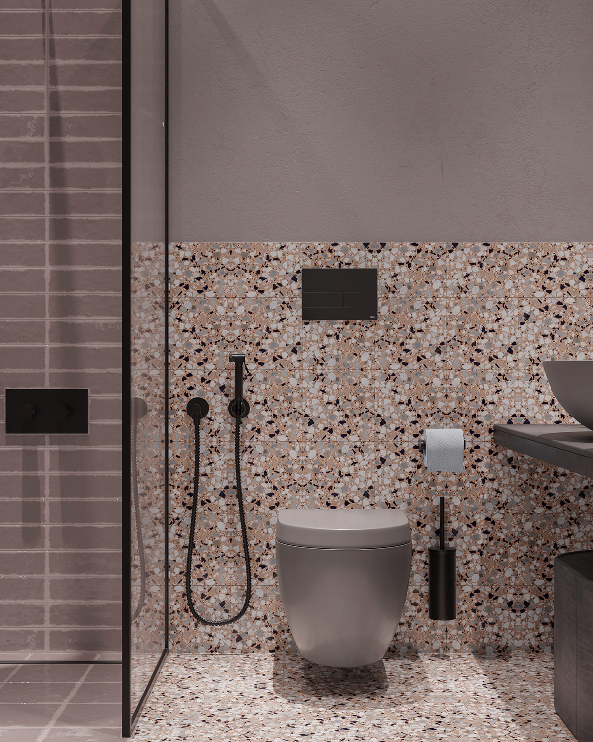 Nửa tr&ecirc;n của ph&ograve;ng tắm được sơn m&agrave;u x&aacute;m trơn để c&acirc;n bằng với những vi&ecirc;n gạch m&agrave;u sắc ở nửa tường dưới v&agrave; s&agrave;n nh&agrave;.