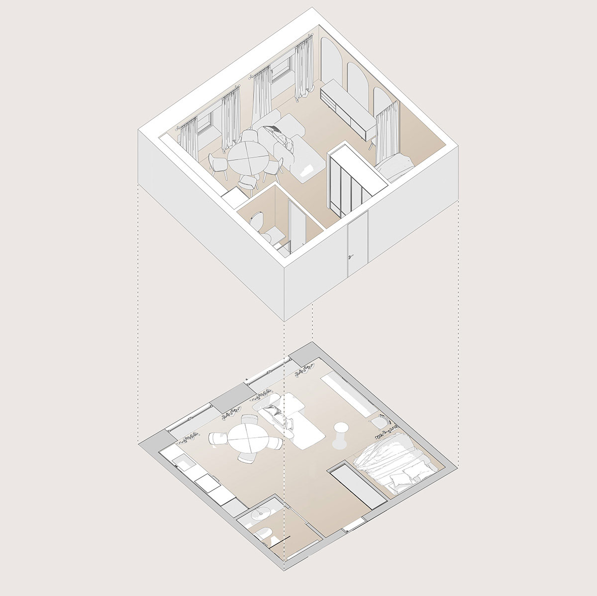 Phối cảnh thiết kế nội thất căn hộ chung cư nhỏ 34m2