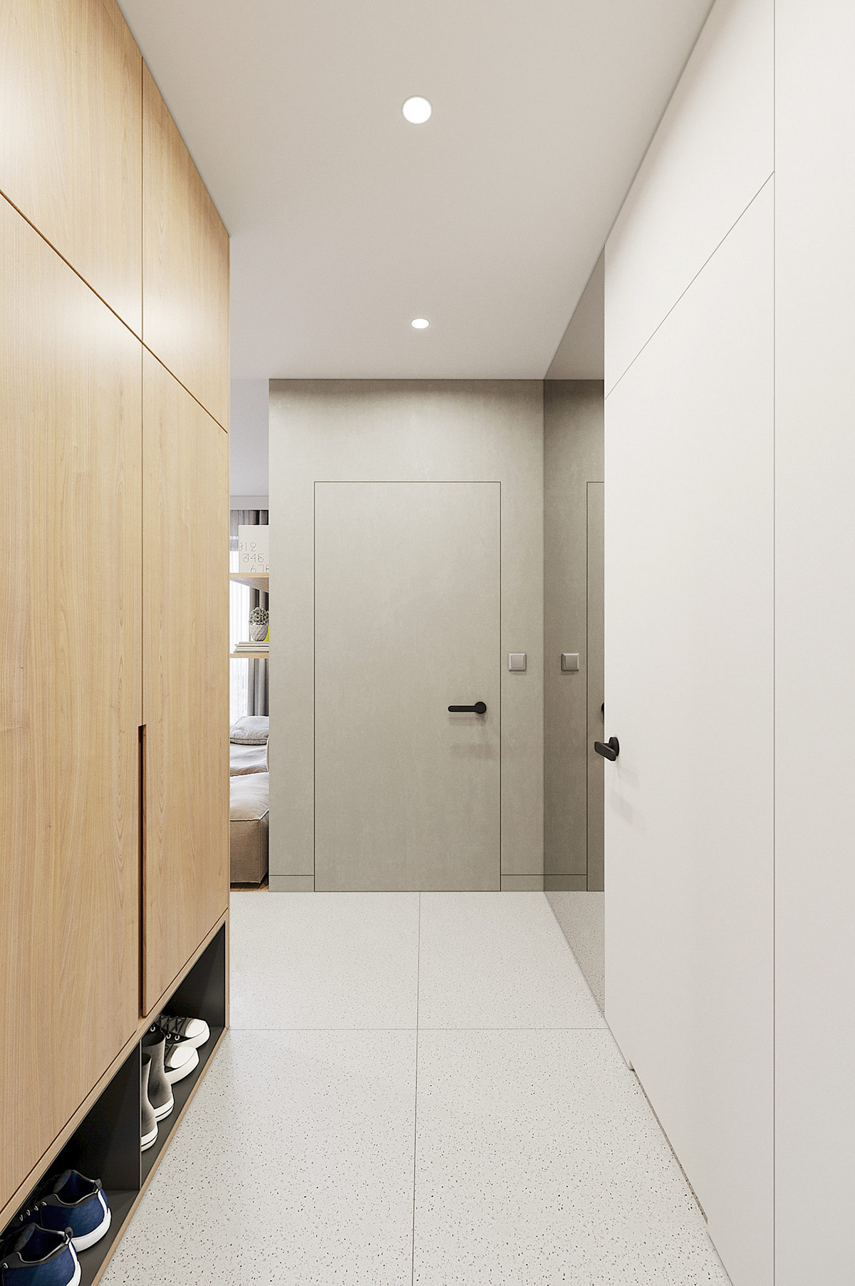 C&aacute;c bức tường của h&agrave;nh lang được tận dụng để bố tr&iacute; kh&ocirc;ng gian lưu trữ thiết thực cho &aacute;o kho&aacute;c, gi&agrave;y d&eacute;p v&agrave; c&aacute;c vật dụng kh&aacute;c.