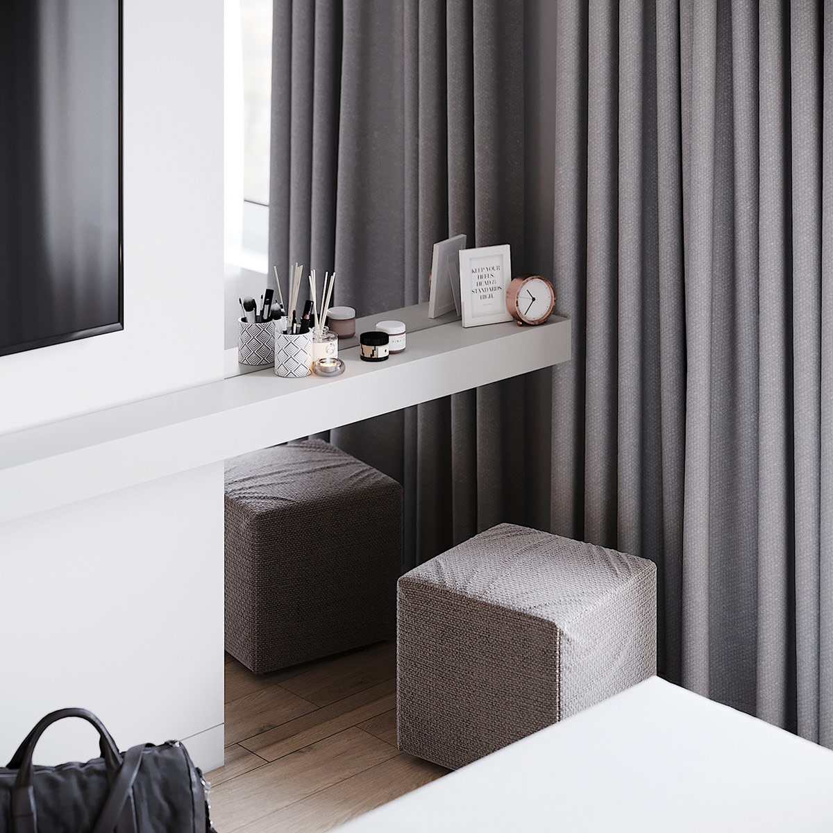 Ghế đẩu h&igrave;nh khối đặt b&ecirc;n dưới b&agrave;n trang điểm nổi. Gương trang điểm đặt ch&eacute;o xuống ph&iacute;a sau kệ, phản chiếu h&igrave;nh ảnh th&uacute; vị.