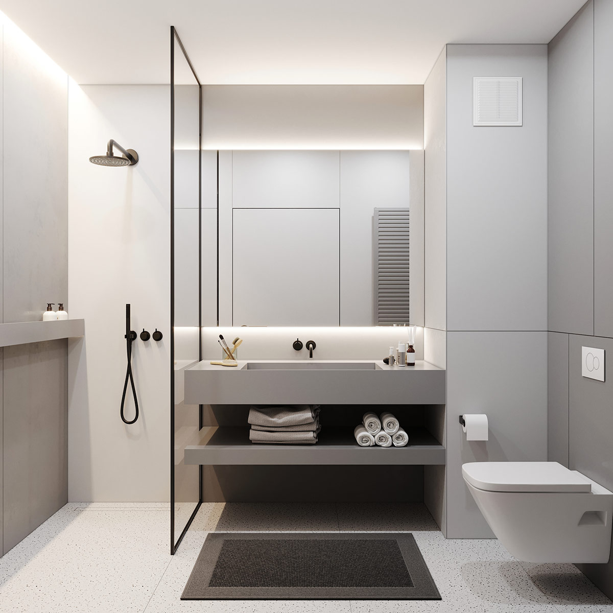 Ph&ograve;ng tắm tối giản được trang tr&iacute; với t&ocirc;ng m&agrave;u trắng s&aacute;ng chủ đạo kết hợp c&ugrave;ng gương k&iacute;nh tạo ảo gi&aacute;c về một kh&ocirc;ng gian rộng tho&aacute;ng hơn so với diện t&iacute;ch thực tế.