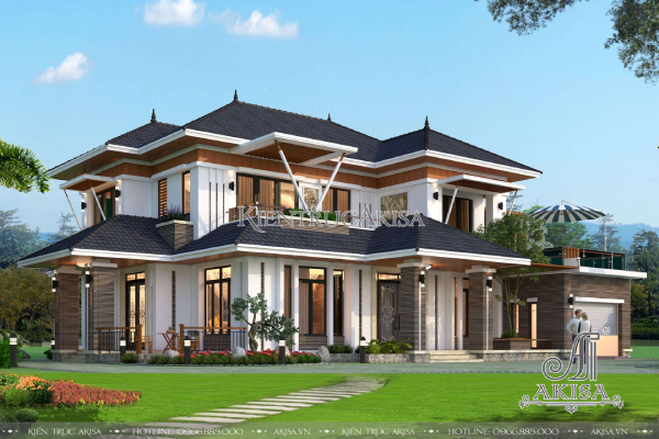 Thiết kế biệt thự 2 tầng sang trọng với hệ m&aacute;i Nhật vững ch&atilde;i, bề thế.