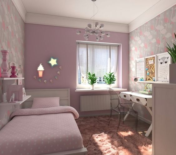 Mẫu thiết kế nội thất ph&ograve;ng ngủ con g&aacute;i với bảng m&agrave;u t&iacute;m pastel nhẹ nh&agrave;ng, nữ t&iacute;nh.