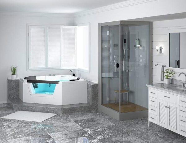 Bồn tắm g&oacute;c độc đ&aacute;o được thiết kế gồm m&aacute;y sưởi b&ecirc;n trong, tựa lưng thoải m&aacute;i, v&ograve;i sen massage gắn sẵn, t&iacute;ch hợp th&ecirc;m đ&egrave;n LED, loa Bluetooth v&agrave; điều khiển thủy lực.