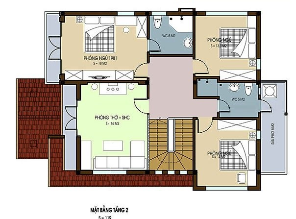 Mặt bằng bố tr&iacute; nội thất tầng 2 biệt thự m&aacute;i Th&aacute;i