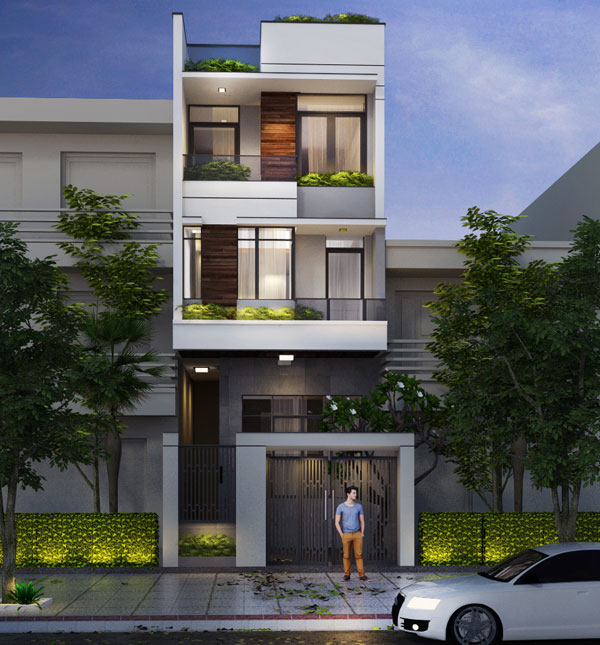 Với mẫu nh&agrave; phố 3 tầng n&agrave;y, kiến tr&uacute;c sư chừa lại một khoảng diện t&iacute;ch ph&iacute;a trước trồng hoa, c&acirc;y cảnh v&agrave; l&agrave;m chỗ để xe cho kh&aacute;ch.