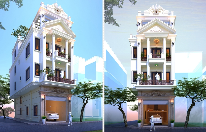 Mẫu nh&agrave; ống 4 tầng phong c&aacute;ch t&acirc;n cổ điển tinh tế, nhẹ nh&agrave;ng với to&agrave;n bộ tầng trệt d&agrave;nh để kinh doanh kết hợp gara &ocirc; t&ocirc; tiện dụng. 