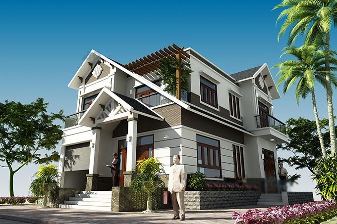 Phối cảnh mẫu biệt thự 2 tầng m&aacute;i Th&aacute;i đẹp