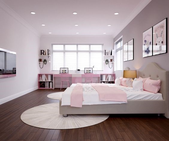 Mẫu thiết kế nội thất ph&ograve;ng ngủ d&agrave;nh cho c&ocirc; con g&aacute;i với sắc hồng - trắng kết hợp tinh tế.