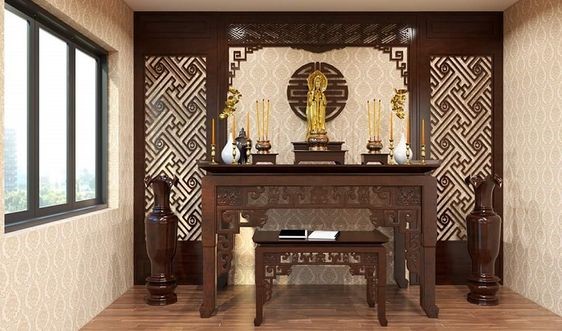 Ph&ograve;ng thờ t&ocirc;n nghi&ecirc;m, sử dụng nội thất gỗ truyền thống chạm khắc tinh xảo.