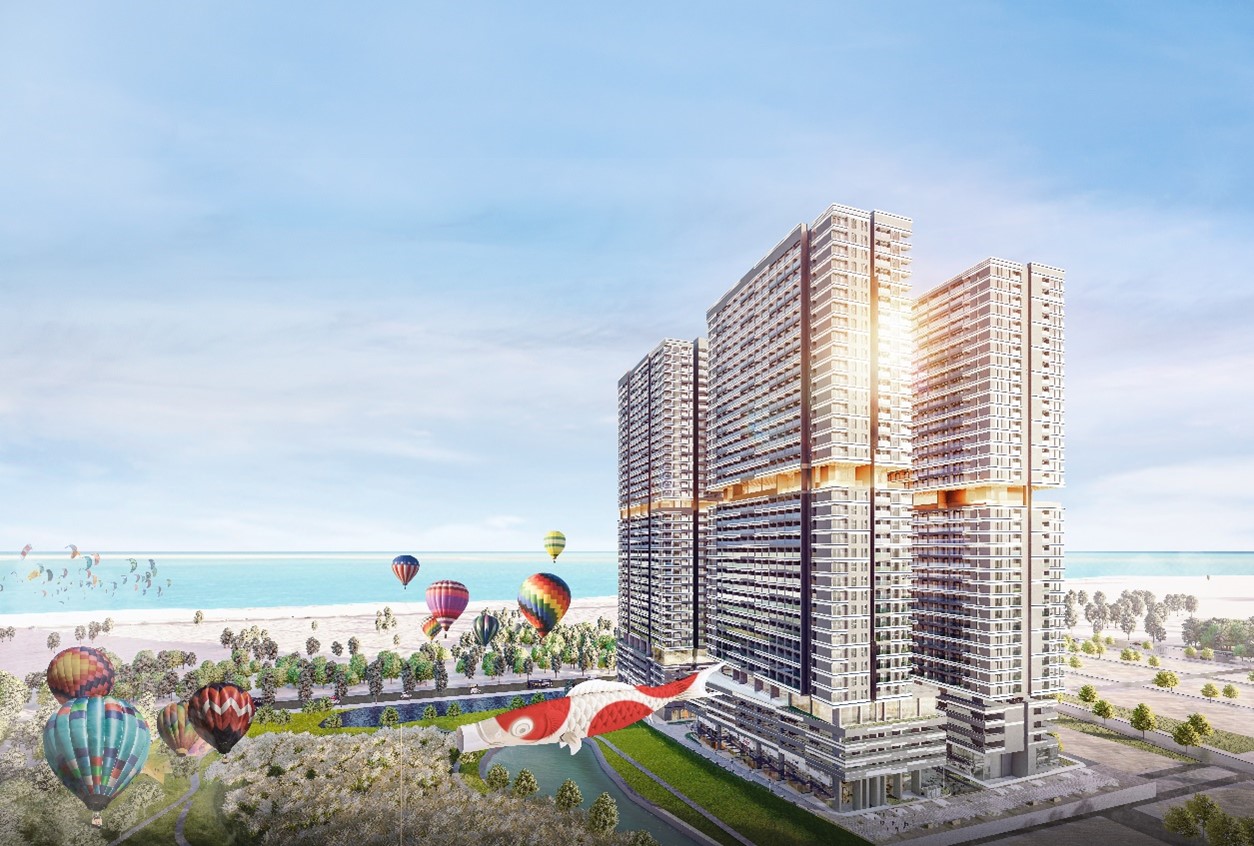 to&agrave; nh&agrave; cao tầng, khinh kh&iacute; cầu b&ecirc;n cạnh b&atilde;i biển