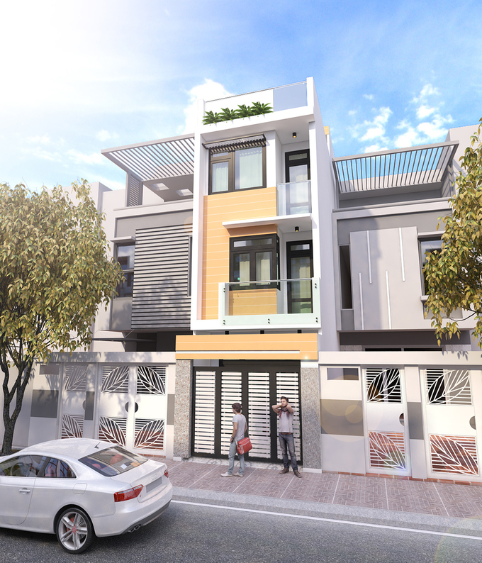 Mẫu nh&agrave; phố phong c&aacute;ch hiện đại đơn giản với gam màu vàng - trắng trang tr&iacute; mặt tiền nổi bật