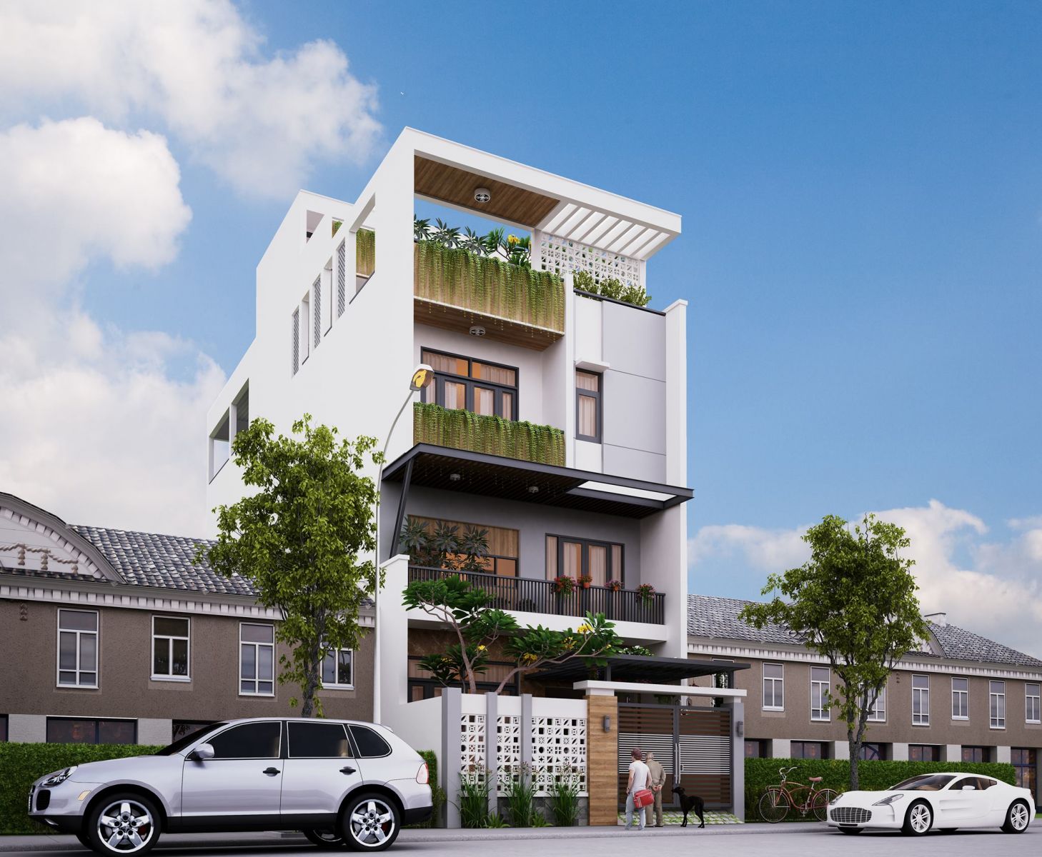 Với thiết kế mặt tiền th&acirc;n thiện, nhiều mảng xanh dịu m&aacute;t, ng&ocirc;i nh&agrave; phố nổi bật hẳn so với c&aacute;c c&ocirc;ng tr&igrave;nh xung quanh.