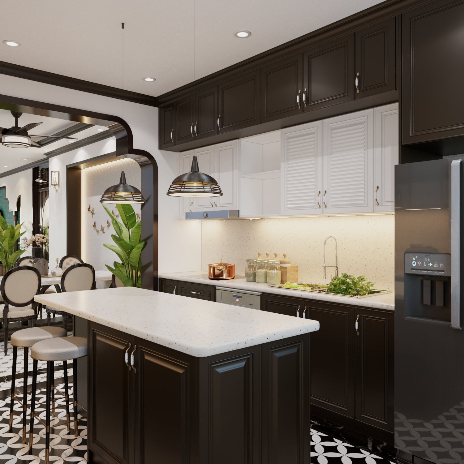 Cặp đôi màu sắc đen - trắng được phối kết vô cùng ăn ý, tạo sự cân bằng về mặt thị giác. Đèn thả trần vừa tạo điểm nhấn, vừa giúp định vị không gian bàn đảo.