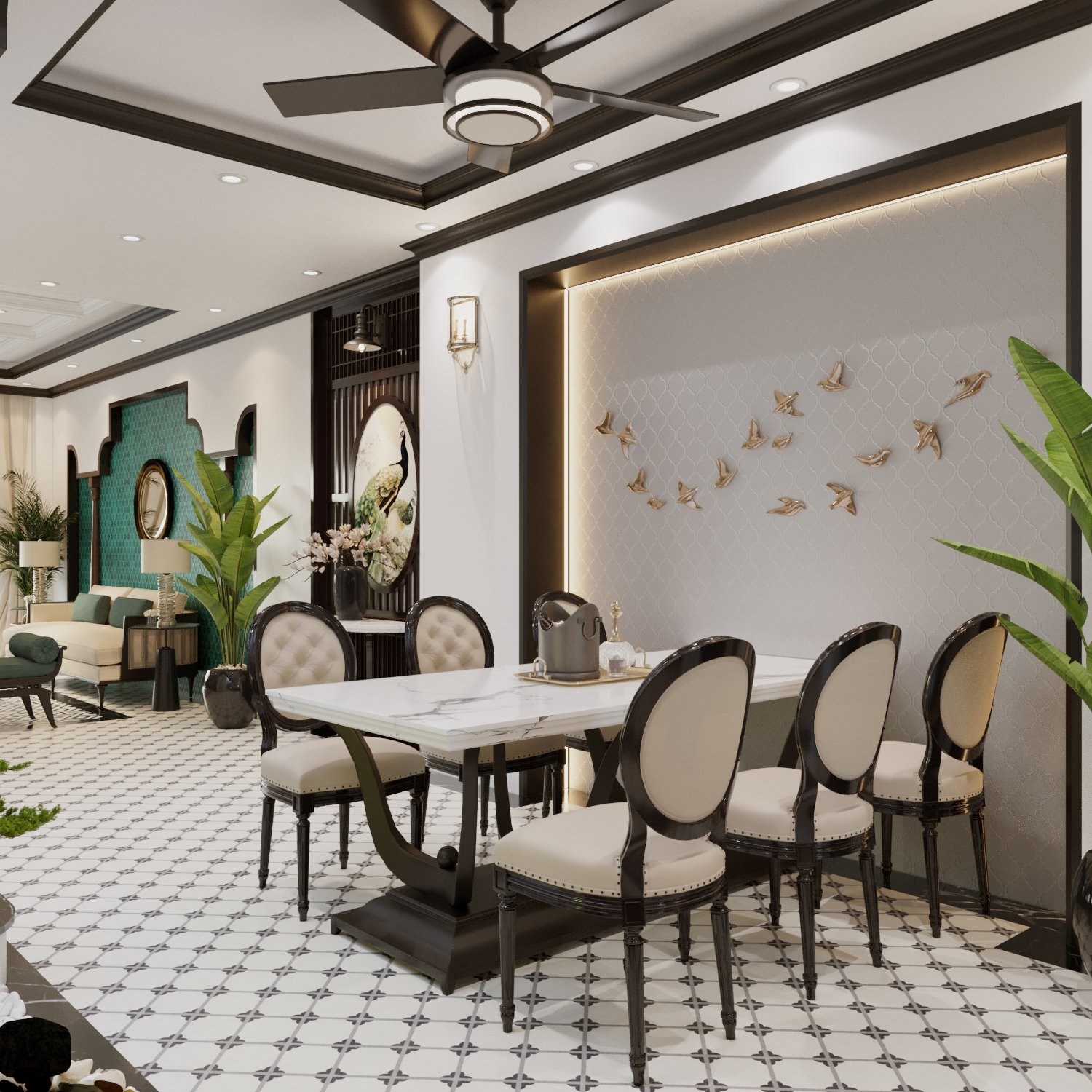 Phòng ăn ấm cúng, nổi bật với mặt bàn bằng đá cẩm thạch và bộ ghế nệm êm ái, sang trọng. Bức tường decor đàn chim én sải cánh sinh động, tràn đầy sức sống.