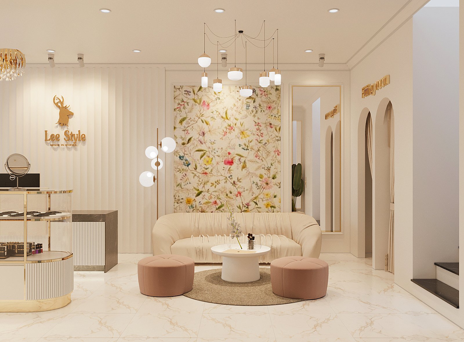 h&igrave;nh ảnh ph&ograve;ng kh&aacute;ch với ghế sofa m&agrave;u be bo tr&ograve;n mềm mại, hai đ&ocirc;n ngồi m&agrave;u hồng pastel, tranh tường họa tiết hao l&aacute;, chim mu&ocirc;ng