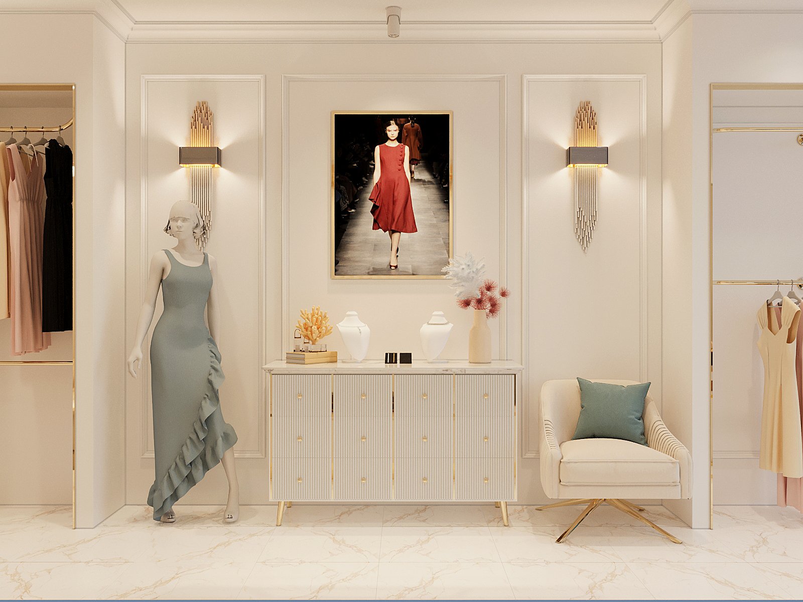 một g&oacute;c nhỏ trong cửa h&agrave;ng thời trang với ghế tựa m&agrave;u trắng, manocanh mặc v&aacute;y xanh dương nhạt