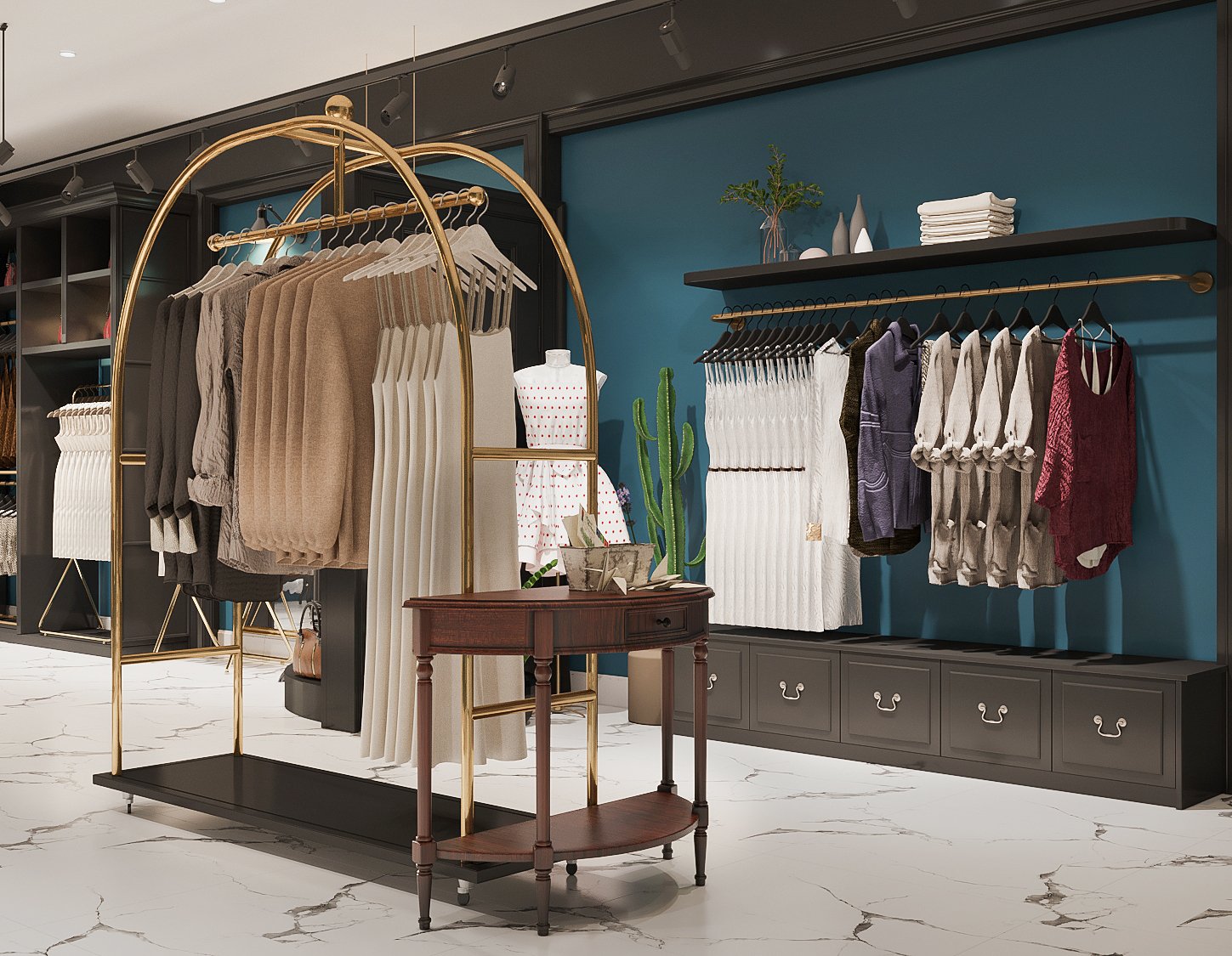 Cửa h&agrave;ng thời trang tho&aacute;ng đ&atilde;ng với tổng diện t&iacute;ch s&agrave;n 112m2. Mỗi s&agrave;n chỉ 56m2 nhưng được thiết kế v&agrave; b&agrave;i tr&iacute; khoa học, tạo lối lưu th&ocirc;ng rộng r&atilde;i.