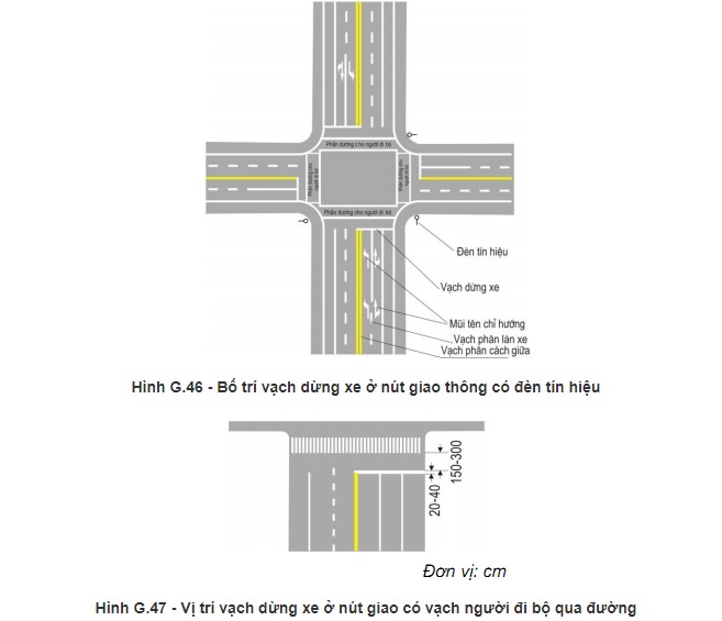 Các ngã tư có đặt đèn tín hiệu giao thông đều có vạch dừng xe (vạch 7.1 1
