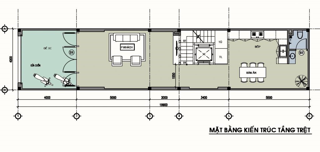 Mặt bằng bố trí nội thất tầng trệt nhà ống hiện đại