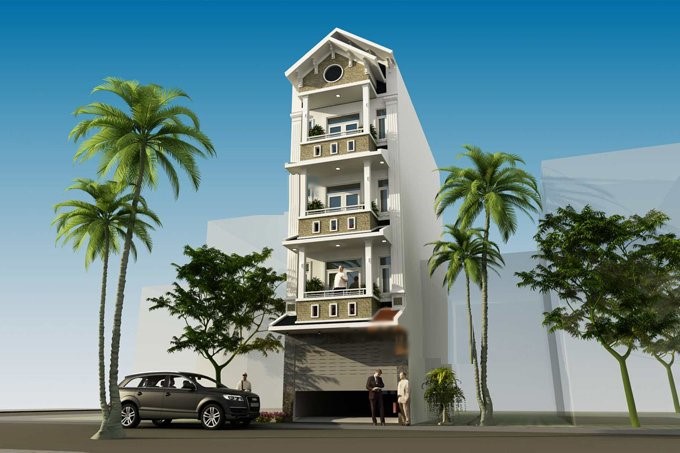 Phối cảnh 3D mẫu nhà ống 4 tầng phong cách hiện đại